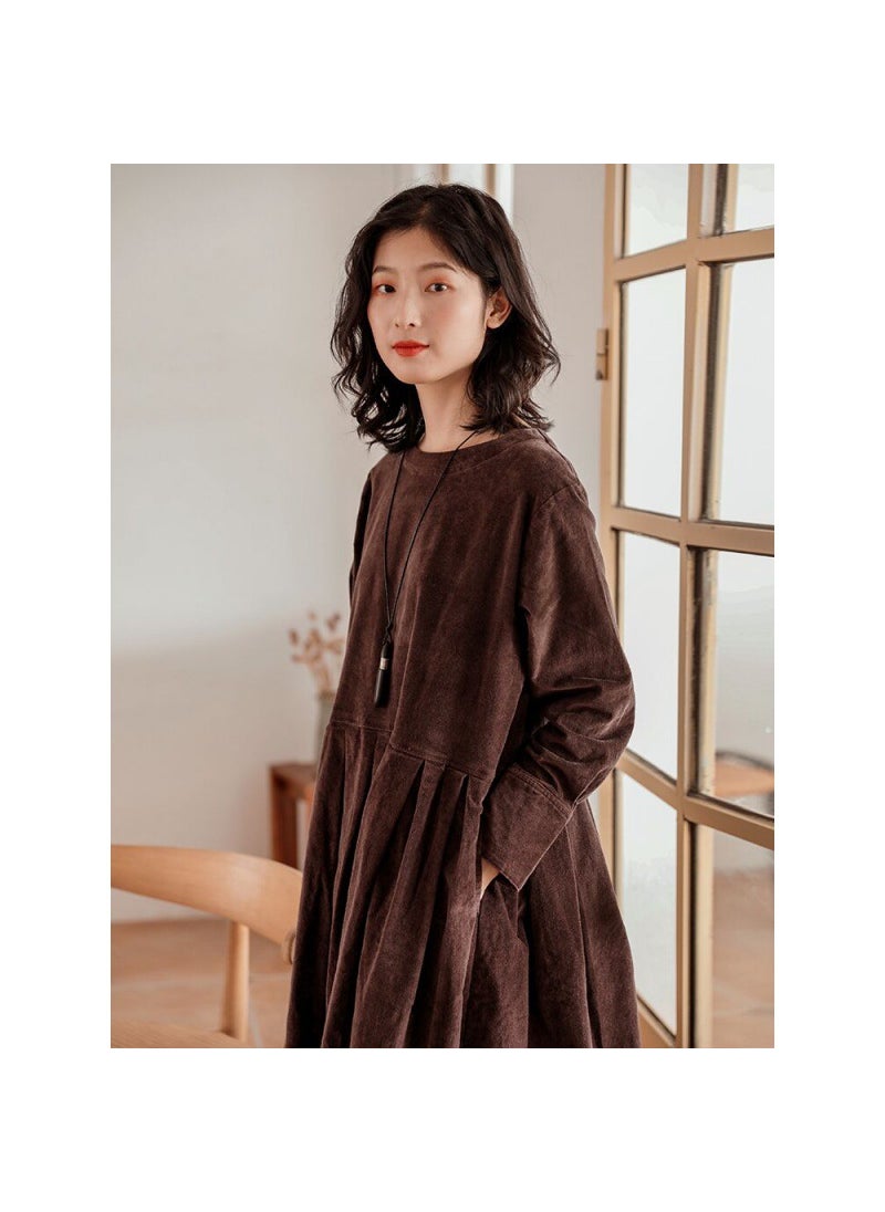 Generic Korean Style Corduroy Dress Autumn 2021 Long Sleeve Blue  - Image 5