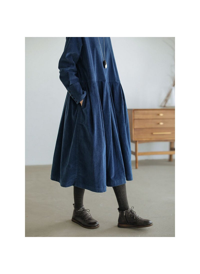 Generic Korean Style Corduroy Dress Autumn 2021 Long Sleeve Blue  - Image 3