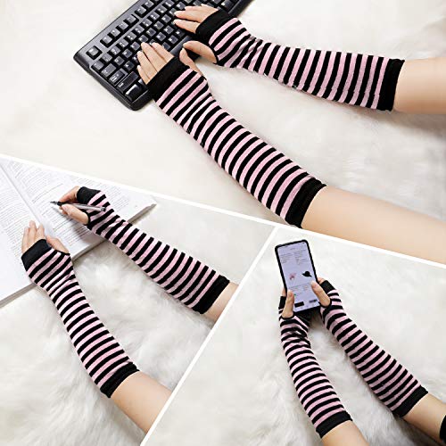 Bienvenu Punk Gothic Rock Long Arm Warmer Fingerless Gloves,Black Pink - Image 5