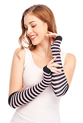 Bienvenu Punk Gothic Rock Long Arm Warmer Fingerless Gloves,Black Pink - Image 4