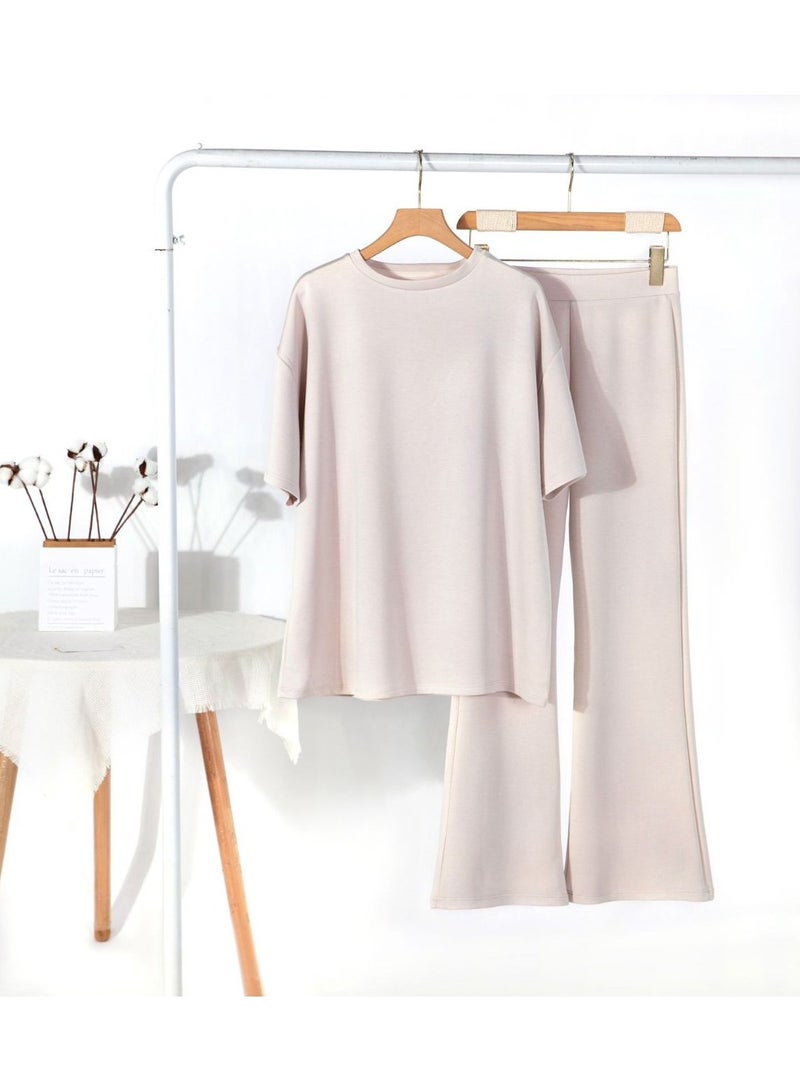 Himmel Tek Women's Knit 2 Piece Outfits - Short Sleeve Sweater Pullover Tops and Wide Leg Pants Tracksuits Lounge Set - Stylish Fall Coord Suit for Casual & Loungewear 