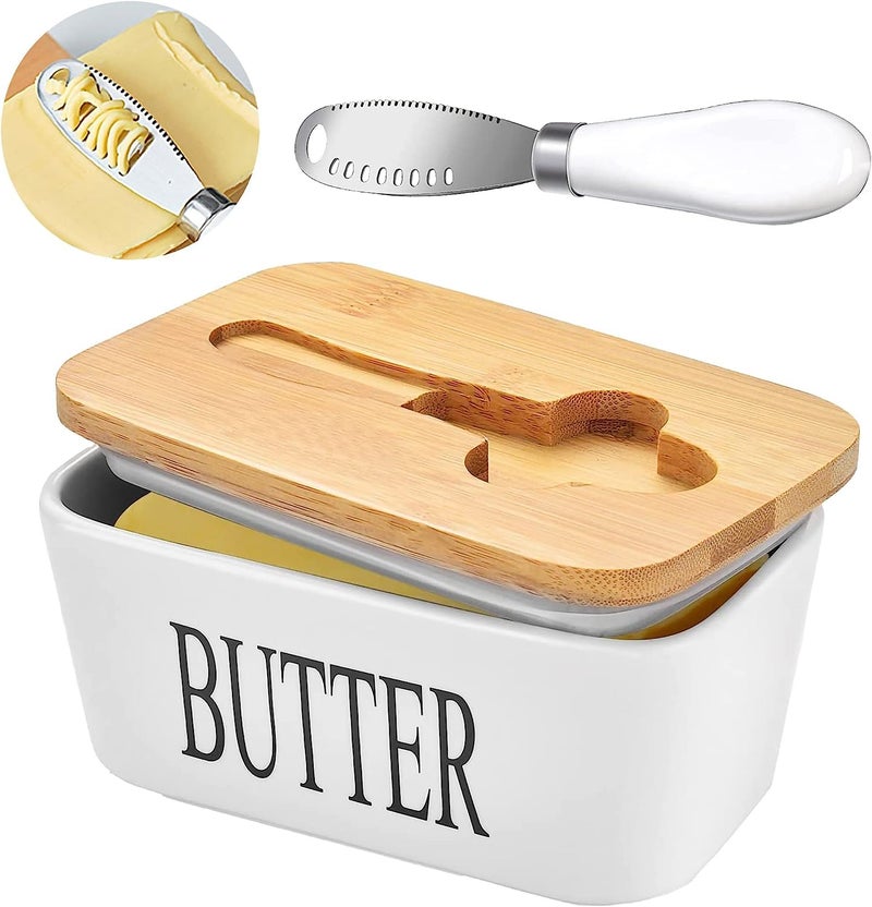 Ceramic Butter Dish with Wooden Lid Airtight Butter Keeper for Counter or Fridge with Stainless Steel Multipurpose Butter Knife Butter Container with Double HighQuality Silicone