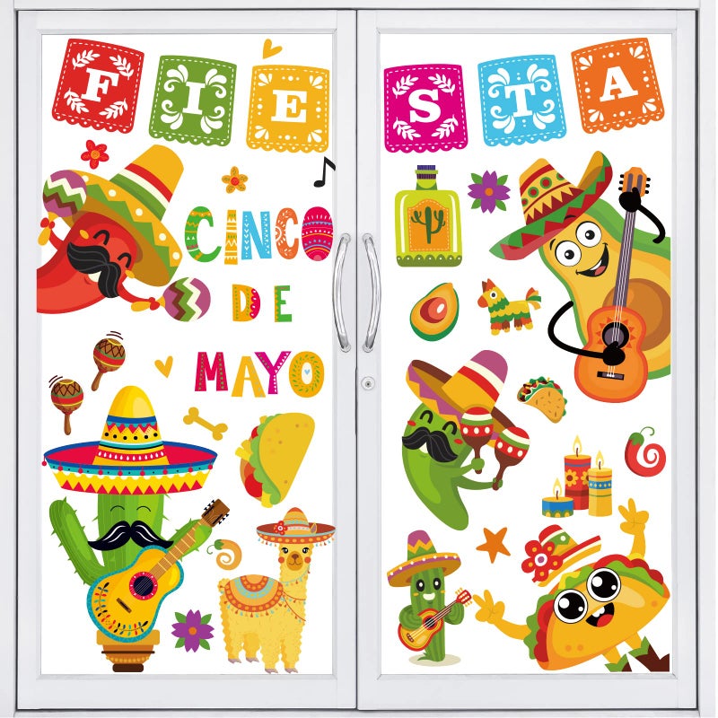 Whaline Whaline Mexican Fiesta Party Window Clings Cinco De Mayo DoubleSided Window Decals Colorful Cartoon Tacos Window PVC Stickers AntiCollision for Mexican Carnival Home Decor Party Supplies 9 Sheets