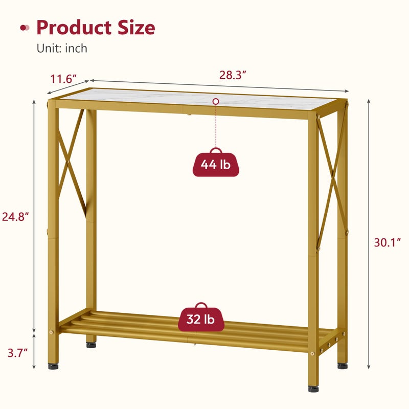 Tajsoon 28.3" Entryway Table, 2-Tier Small Consle Table for Entryway, Narrow Sofa Table with Shelves, Entrace Table for Hallway, Living Room, Corridor, Office, Gold & White - Image 3