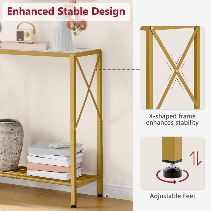 Tajsoon 28.3" Entryway Table, 2-Tier Small Consle Table for Entryway, Narrow Sofa Table with Shelves, Entrace Table for Hallway, Living Room, Corridor, Office, Gold & White - Image 5