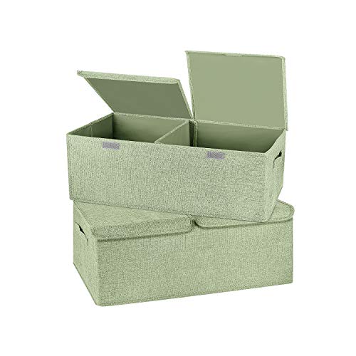 Valease 2 Pack Storage Boxes with Lids and Handles, Collapsible Linen Storage Bins Organizer Containers Baskets Cube with Removable Divider for Home Bedroom Closet Office (Green, Small) - Image 1