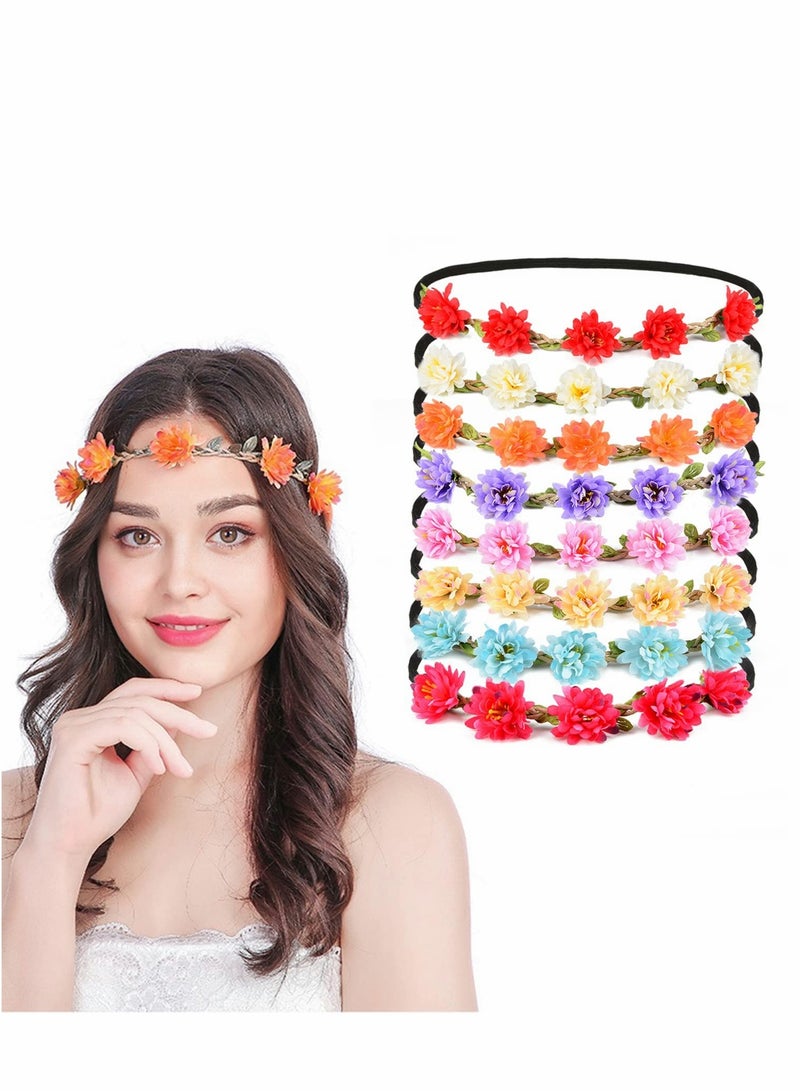 Loquat 8 pcs Flower Crown Daisy Garland Headband Hair Wreath Floral Headpiece with Adjustable Elastic Ribbon - Image 1