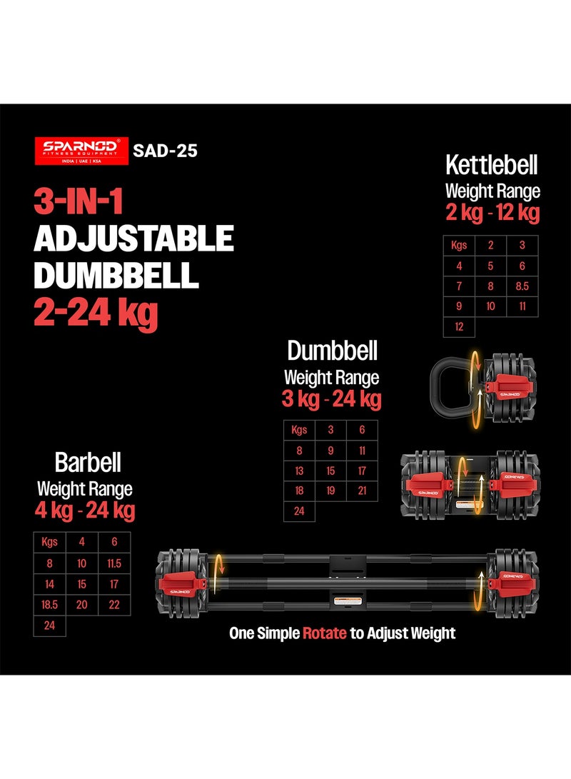 Sparnod Fitness SAD-25 Adjustable 3-in-1 Dumbbell Set,3–24kg Quick Weight Change, Dumbbell, Barbell, Kettlebell,12 Gear Steel ABS Build, Digital Dial, Ergonomic Grip, Home Gym Workout Kit - Image 2