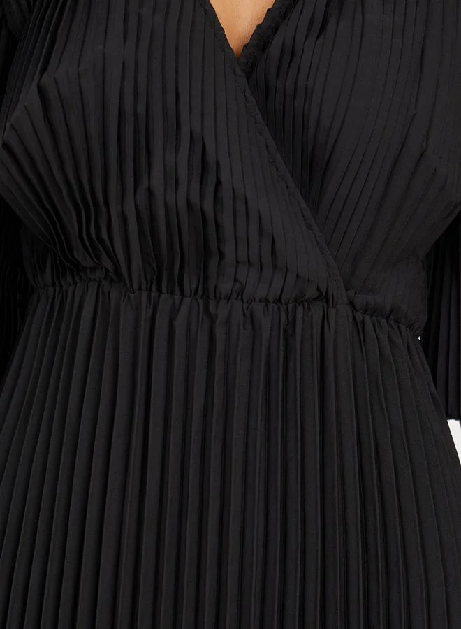 Styli Pleated V Neck A-Line Midi Dress