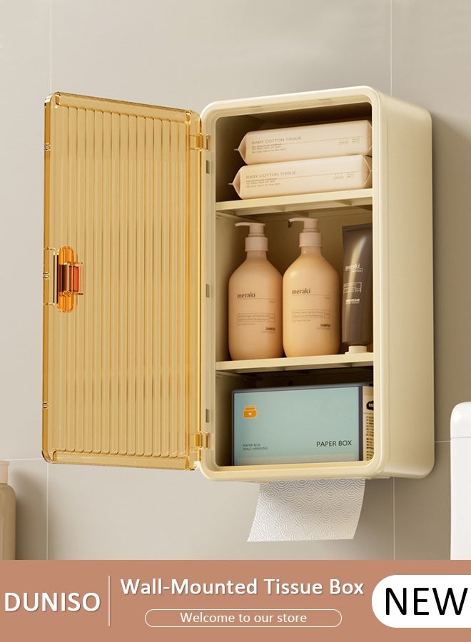 DUNISO Wall-Mounted Tissue Box, Single Door Bathroom Storage with Detachable Partition, No-Punch Waterproof Bathroom Towel & Toiletries Storage Cabinet, Large Capacity Roll Paper Storage Box - Image 1