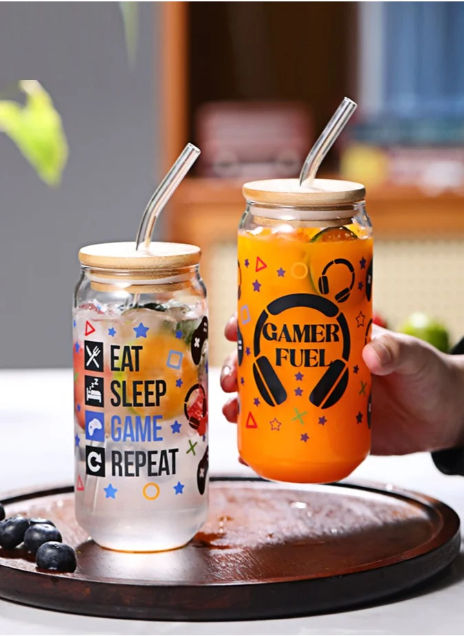 1Chase Gaming gifts Drinking Glasses With Bamboo Lid and Glass Straw, 550ML (Set of 2), Can Shaped Tumblers, Gamers gifts for men, boys,gifts for women(GAMER FUEL)