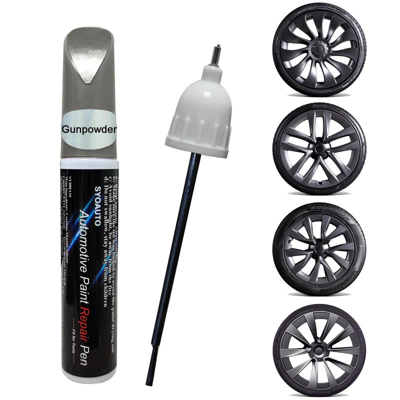 SYOAUTO Gunpowder Rim Touch Up Paint For Tesla Model Y 3 S X UberturbineArachnidCybersteamTurbine Wheel Touch Up Paint Pen Tip and Brush 2 in 1 Rim Scratch Repair Wheel Curb Rash Paint - Image 3