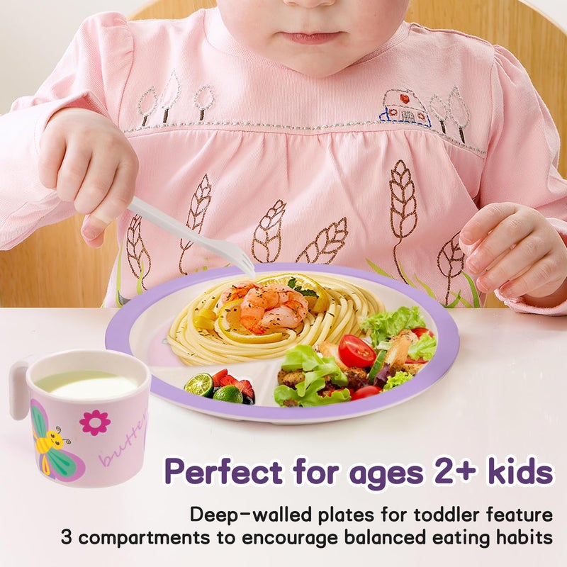 PHEENOWL Kids Dinnerware Set, Includes Toddler Plate Bowl Tumbler and Utensils, BPA Free Bamboo Fiber Material Perfect for Little Girls (Purple - Butterfly Theme) - Image 3