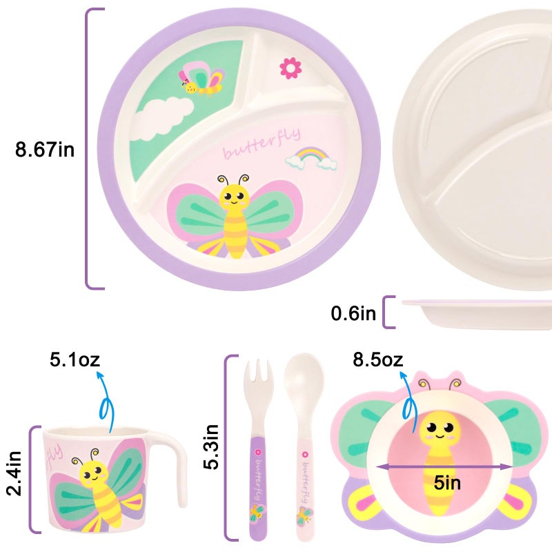 PHEENOWL Kids Dinnerware Set, Includes Toddler Plate Bowl Tumbler and Utensils, BPA Free Bamboo Fiber Material Perfect for Little Girls (Purple - Butterfly Theme) - Image 2