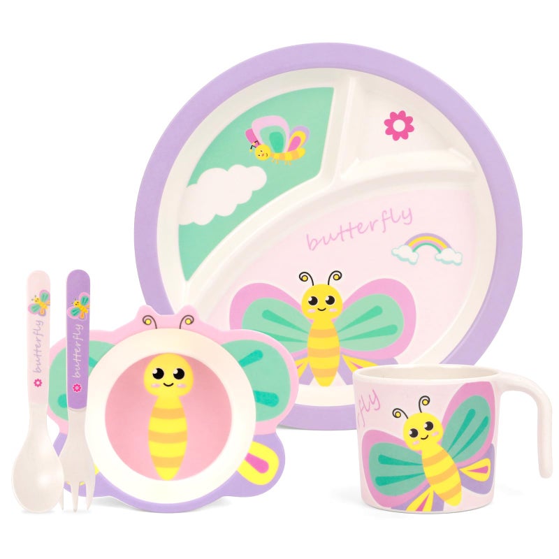 PHEENOWL Kids Dinnerware Set, Includes Toddler Plate Bowl Tumbler and Utensils, BPA Free Bamboo Fiber Material Perfect for Little Girls (Purple - Butterfly Theme) - Image 1
