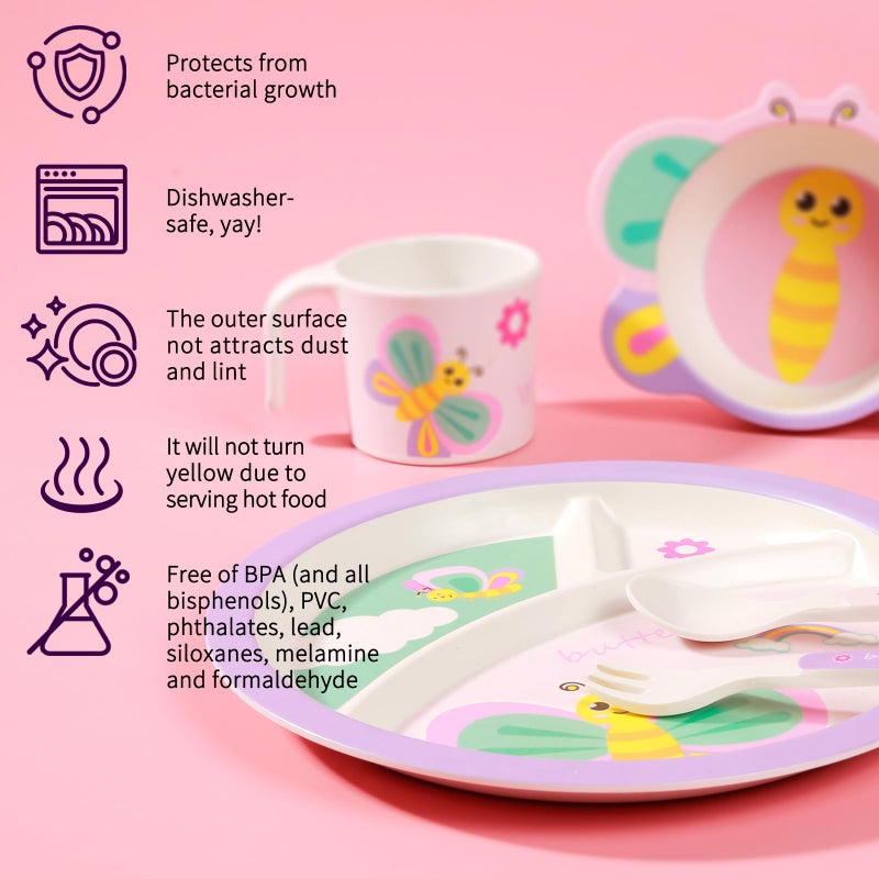 PHEENOWL Kids Dinnerware Set, Includes Toddler Plate Bowl Tumbler and Utensils, BPA Free Bamboo Fiber Material Perfect for Little Girls (Purple - Butterfly Theme) - Image 4
