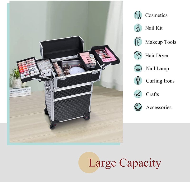 ADSON 3-in-1 Professional Rolling Makeup Cosmetic Train Case, Aluminum Trolley Case Rolling Trolley with 360° Wheels for Beauty Stylist Salon Travel (Diamond-Cut Black) - Image 5
