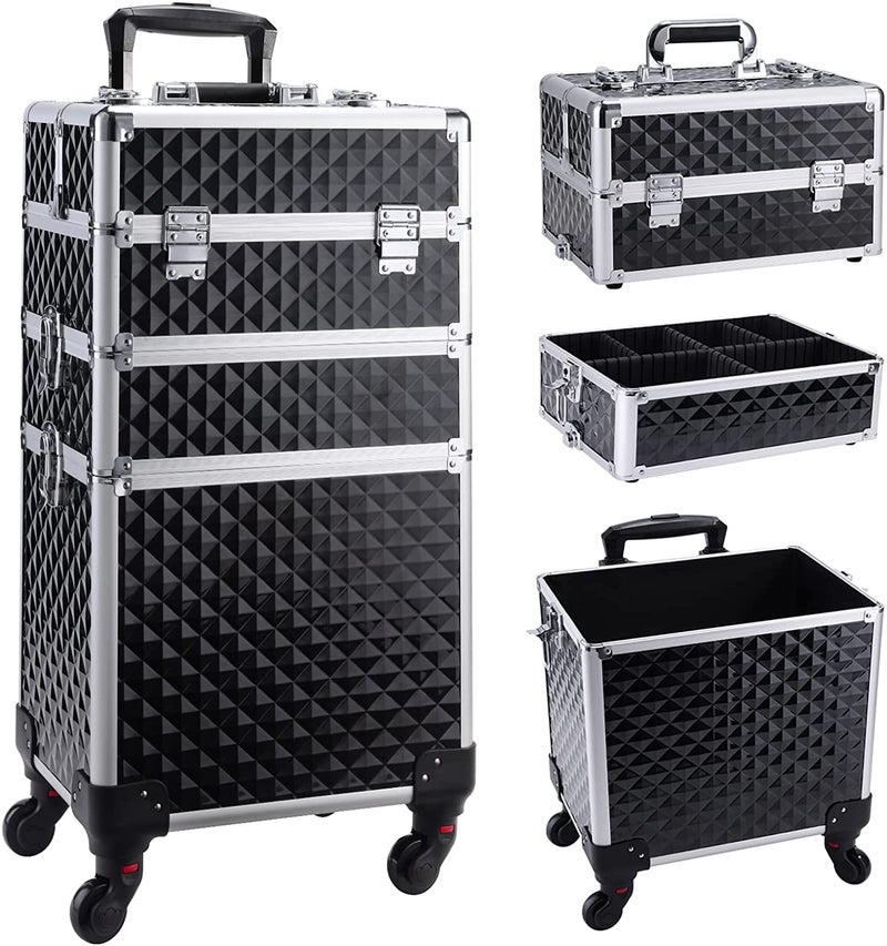 ADSON 3-in-1 Professional Rolling Makeup Cosmetic Train Case, Aluminum Trolley Case Rolling Trolley with 360° Wheels for Beauty Stylist Salon Travel (Diamond-Cut Black) - Image 1