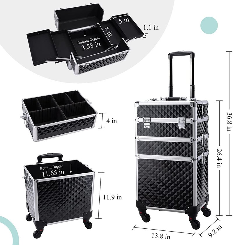 ADSON 3-in-1 Professional Rolling Makeup Cosmetic Train Case, Aluminum Trolley Case Rolling Trolley with 360° Wheels for Beauty Stylist Salon Travel (Diamond-Cut Black) - Image 3