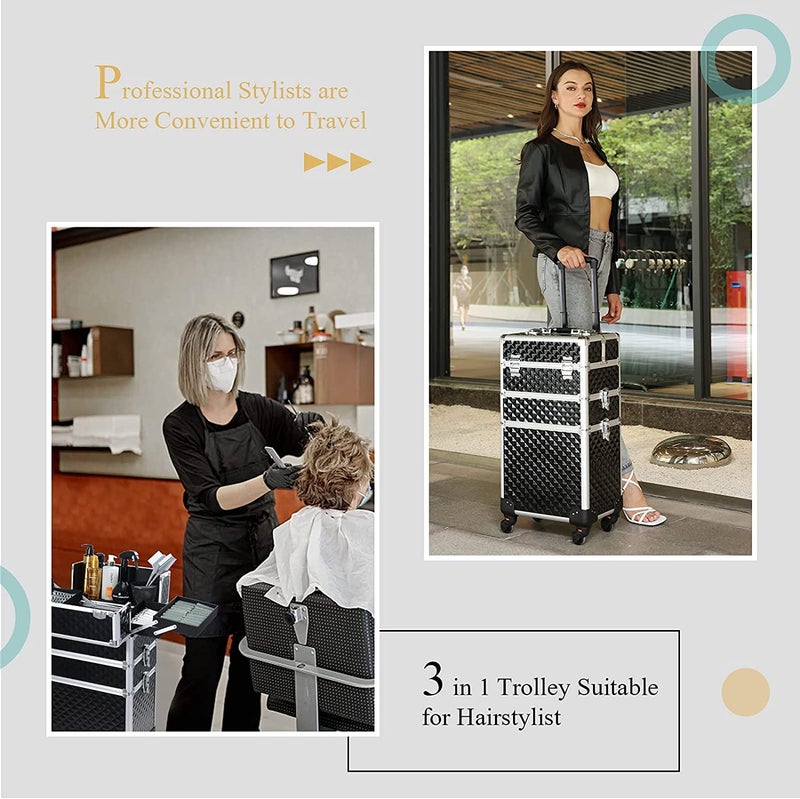 ADSON 3-in-1 Professional Rolling Makeup Cosmetic Train Case, Aluminum Trolley Case Rolling Trolley with 360° Wheels for Beauty Stylist Salon Travel (Diamond-Cut Black) - Image 4
