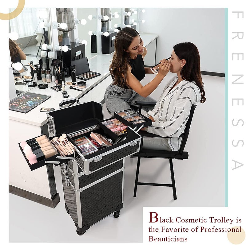 ADSON 3-in-1 Professional Rolling Makeup Cosmetic Train Case, Aluminum Trolley Case Rolling Trolley with 360° Wheels for Beauty Stylist Salon Travel (Diamond-Cut Black) - Image 2