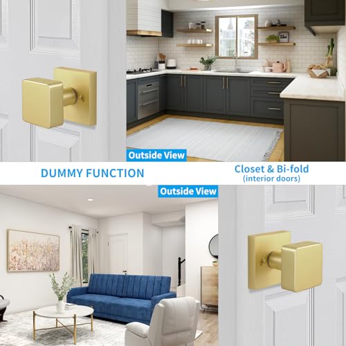 naubea 2 Pack Gold Dummy Door Knob Brushed Gold Door Knobs Interior for Closet Heavy Duty Square Satin Brass Door Knob Modern Dummy Door Handle - Image 3