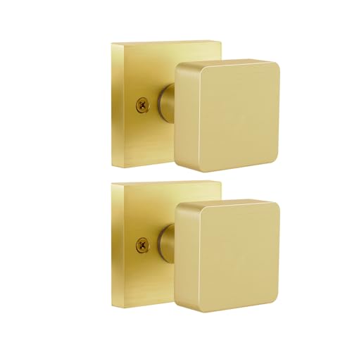 naubea 2 Pack Gold Dummy Door Knob Brushed Gold Door Knobs Interior for Closet Heavy Duty Square Satin Brass Door Knob Modern Dummy Door Handle - Image 1