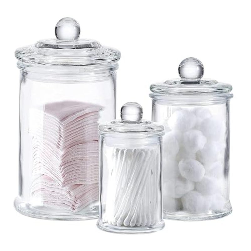 Set of 3 Bathroom Canisters - Storage Container Jars - Premium Glass Apothecary Jars with Lids - Small Glass Jars for Kitchen or Bathroom Storage - Decorative Crystal Containers - Image 1