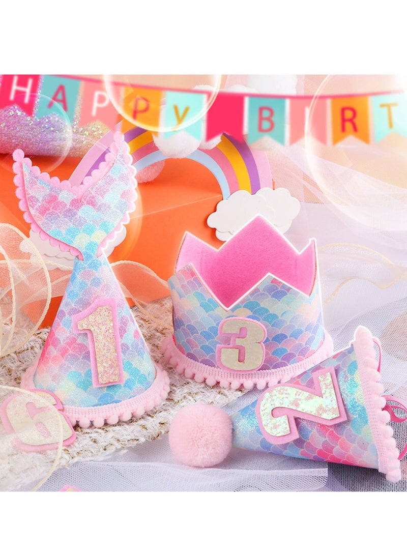 واي آند دي Mermaid Party Hats, 3PCS Glitter Hat, Birthday Cone Sparkle Headband Decoration Crown Hat for Kids Boys Girls, Theme Supplies - Image 2