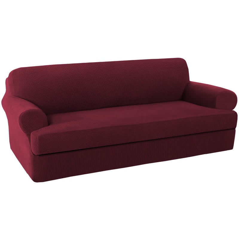 H.VERSAILTEX High Stretch Sofa Cover 2 Pieces Stylish Furniture Cover/Protector Suit for T Cushion/Box Cushion Soft with Spandex Jacquard Checked Pattern for Sofa (72"-88", Burgundy Red) - Image 3