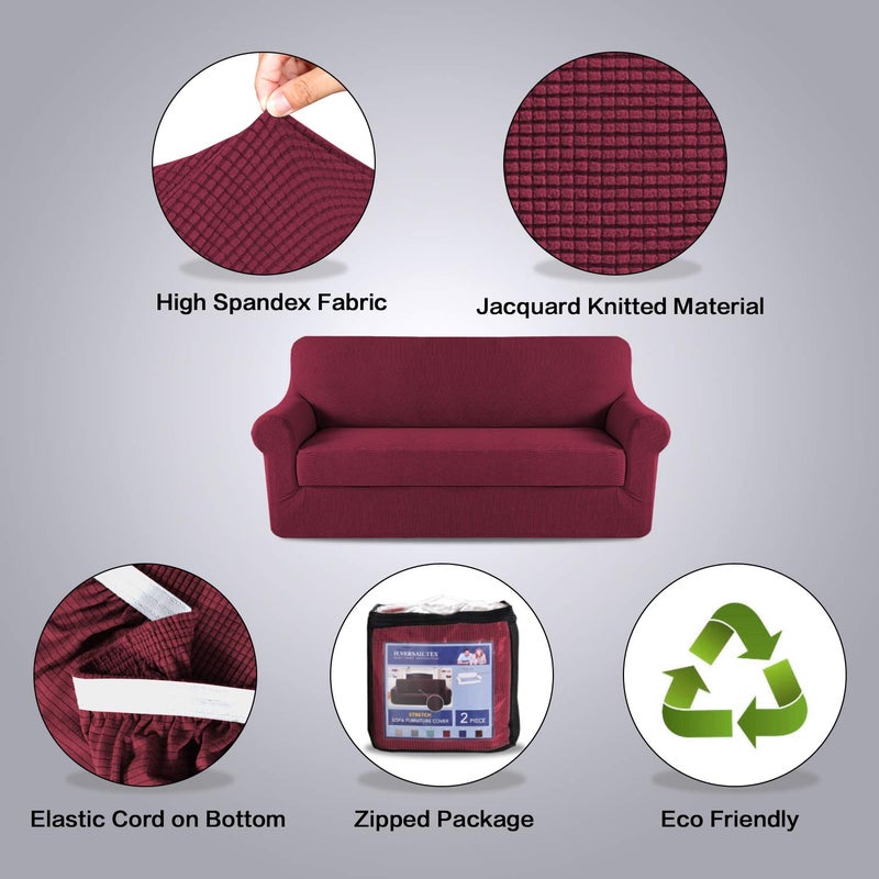 H.VERSAILTEX High Stretch Sofa Cover 2 Pieces Stylish Furniture Cover/Protector Suit for T Cushion/Box Cushion Soft with Spandex Jacquard Checked Pattern for Sofa (72"-88", Burgundy Red) - Image 5