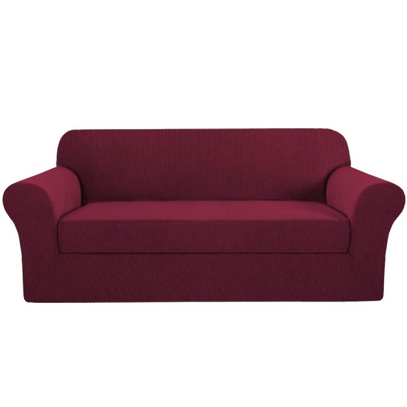 H.VERSAILTEX High Stretch Sofa Cover 2 Pieces Stylish Furniture Cover/Protector Suit for T Cushion/Box Cushion Soft with Spandex Jacquard Checked Pattern for Sofa (72"-88", Burgundy Red) - Image 1