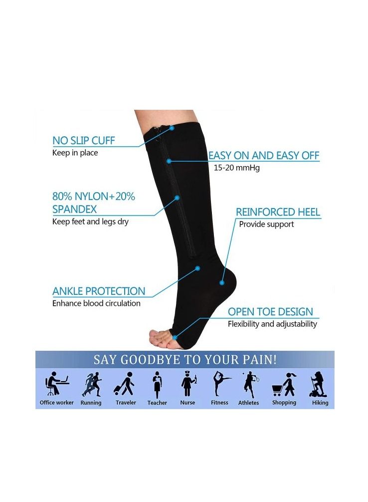 Zip Sock stretchy zipper leg Compression Socks for Women Men Open Toe Brown/Black 2Pair - Image 2