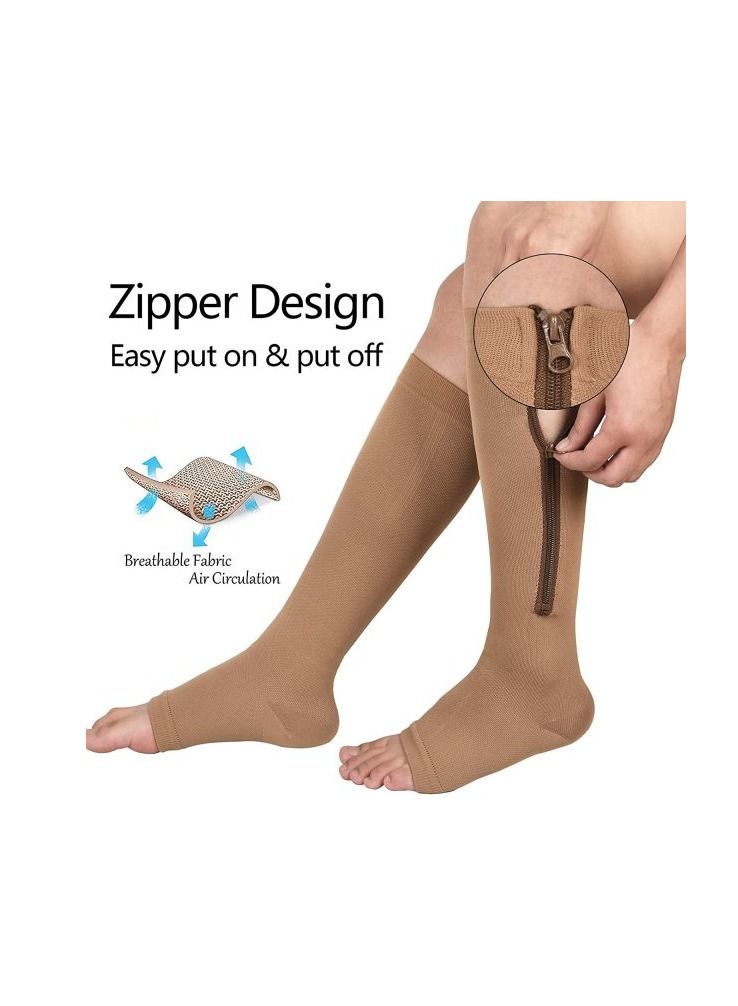 Zip Sock stretchy zipper leg Compression Socks for Women Men Open Toe Brown/Black 2Pair - Image 1