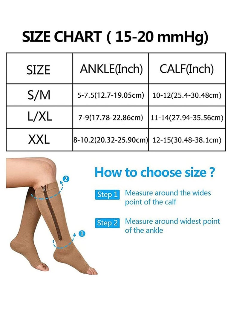Zip Sock stretchy zipper leg Compression Socks for Women Men Open Toe Brown/Black 2Pair - Image 3