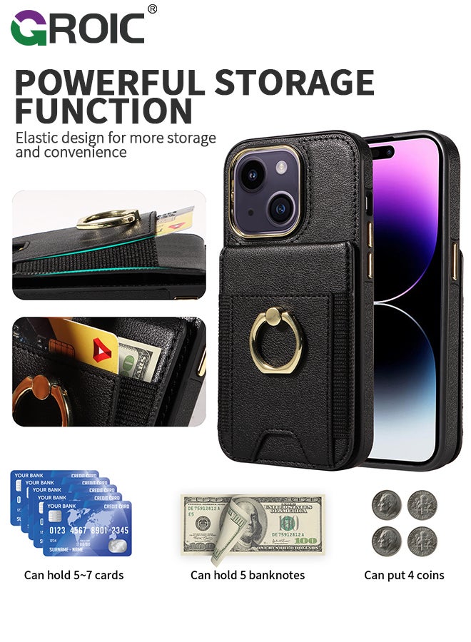 GROIC Black Wallet Case Compatible for iPhone 15 with Card Holder, RFID Blocking Leather Cover, 360°Rotation Finger Ring Kickstand Case, Shockproof Drop Protection with Magnetic Snap Case - Image 2