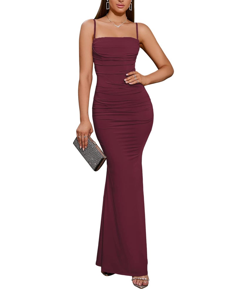 EYNMIN Women's Sleeveless Bodycon Corset Maxi Dress Spaghetti Strap Ruched Elegant Evening Wedding Guest Long Formal Dresses Wine M - Image 1