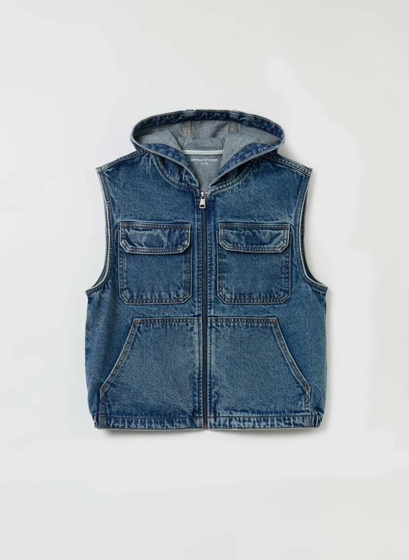 او في اس Full-zip denim gilet with hood