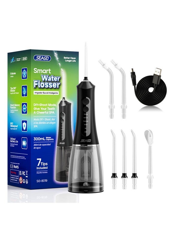 سيجو جهاز تنظيف الأسنان بالماء اللاسلكي للأسنان، 5 أوضاع و7 فوهات، جهاز تنظيف الأسنان بالماء 300 مل، وظيفة الذاكرة في وضع DIY، جهاز تنظيف الأسنان المقاوم للماء IPX7، SG8019 أسود - Image 1