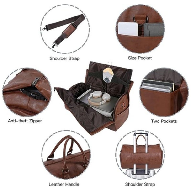 Convertible Luggage Bag: Grey High-Quality Leather Durable Spacious Interior - Detachable Shoulder Straps Portable Clothing Bag for Travel Enthusiasts - Image 4