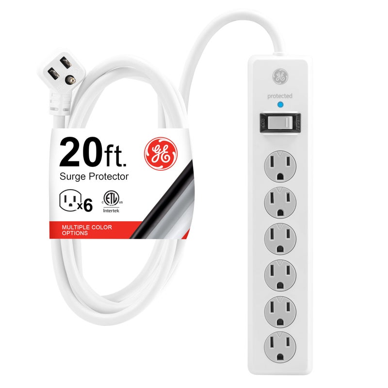 GE Surge Protector Power Strip, 20 Ft Extension Cord, 6 Outlet Extender, 800 Joules, Flat Plug, Twist-to-Close Safety Covers, ETL Listed, White, 50770 - Image 2