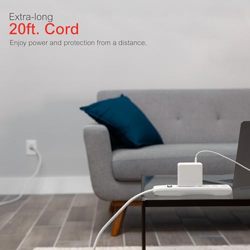 GE Surge Protector Power Strip, 20 Ft Extension Cord, 6 Outlet Extender, 800 Joules, Flat Plug, Twist-to-Close Safety Covers, ETL Listed, White, 50770 - Image 5