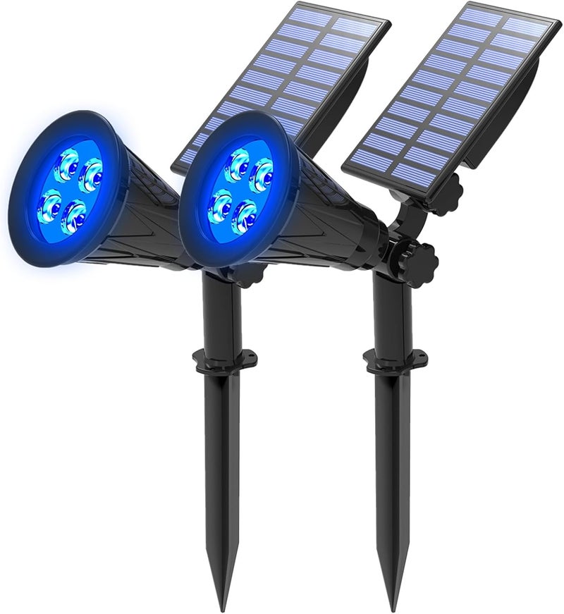T-SUNUS Blue Solar Lights Outdoor Christmas, 2 Modes Garden Spotlights Waterproof IP65 Auto On/Off Security Landscape Pond Spot Light for Tree Flag Patio Garage Yard Driveway Pool Halloween 2 Pack - Image 1