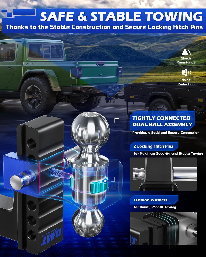 Orion Motor Tech وصلة مقطورة أورايون موتور تكنولوجي القابلة للتعديل، تناسب موصل 2 بوصة مع انخفاض وارتفاع 6 بوصة، 12500 رطل قدرة سحب، فئة 3، 4، وصلة ثقيلة من الألمنيوم مع ثلاث دبابيس قفل مضادة للسرقة - Image 3