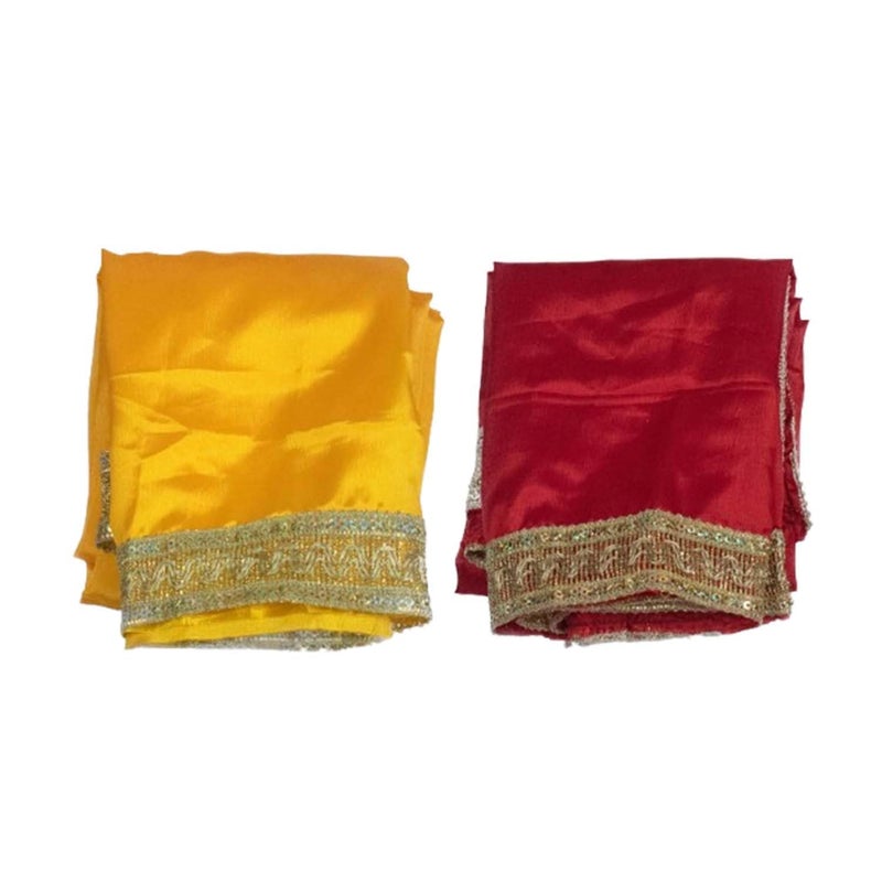 Dulhan Set of 2 Satin Pooja cloth 1 Meter Red and Yellow Puja Aasan for Diwali Navratra Ganpati Pooja Table 40 inch Multipurpose Altar Cloth God Chunri Chowki Kapda for Temple Mandir and Puja Ghar - Image 1