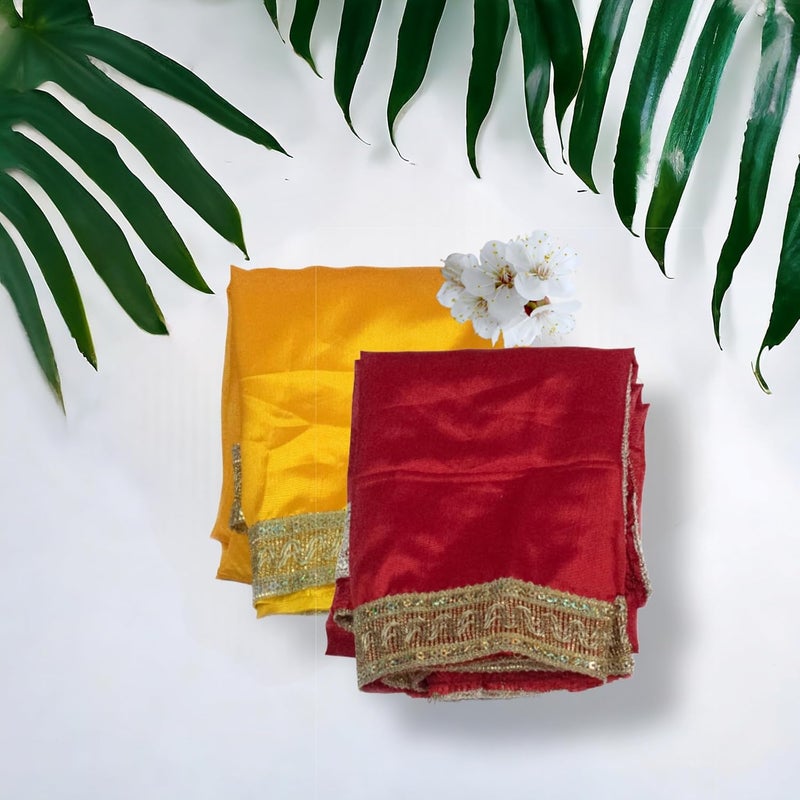 Dulhan Set of 2 Satin Pooja cloth 1 Meter Red and Yellow Puja Aasan for Diwali Navratra Ganpati Pooja Table 40 inch Multipurpose Altar Cloth God Chunri Chowki Kapda for Temple Mandir and Puja Ghar - Image 3