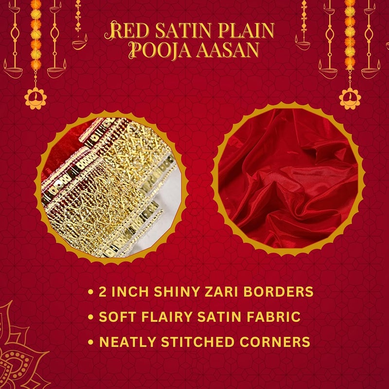 Dulhan Set of 2 Satin Pooja cloth 1 Meter Red and Yellow Puja Aasan for Diwali Navratra Ganpati Pooja Table 40 inch Multipurpose Altar Cloth God Chunri Chowki Kapda for Temple Mandir and Puja Ghar - Image 4