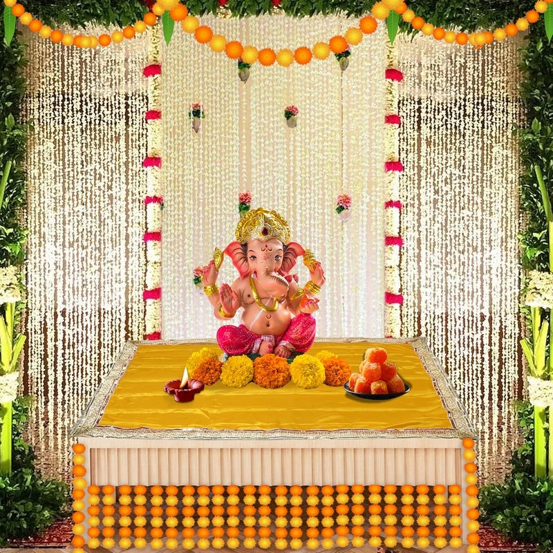 Dulhan Set of 2 Satin Pooja cloth 1 Meter Red and Yellow Puja Aasan for Diwali Navratra Ganpati Pooja Table 40 inch Multipurpose Altar Cloth God Chunri Chowki Kapda for Temple Mandir and Puja Ghar - Image 5