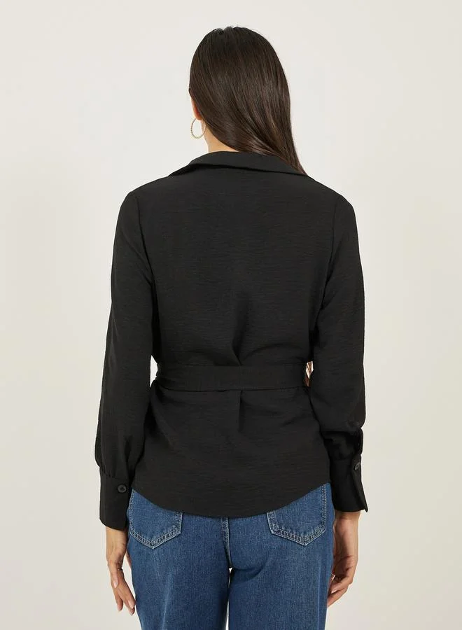 Styli Black Solid Wrap Belted Blouse