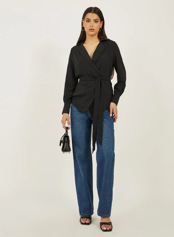 Styli Styli Black Solid Wrap Belted Blouse
